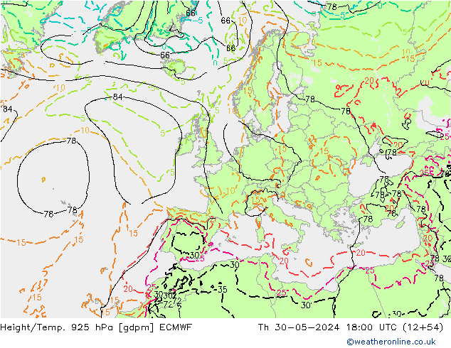 Height/Temp. 925 hPa ECMWF czw. 30.05.2024 18 UTC