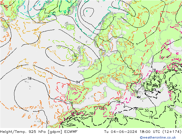 Height/Temp. 925 hPa ECMWF Di 04.06.2024 18 UTC
