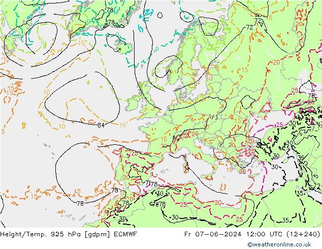 Height/Temp. 925 hPa ECMWF Fr 07.06.2024 12 UTC