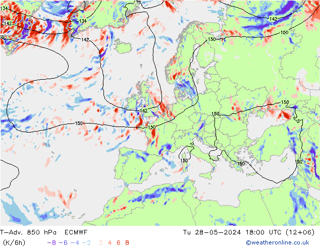T-Adv. 850 hPa ECMWF mar 28.05.2024 18 UTC