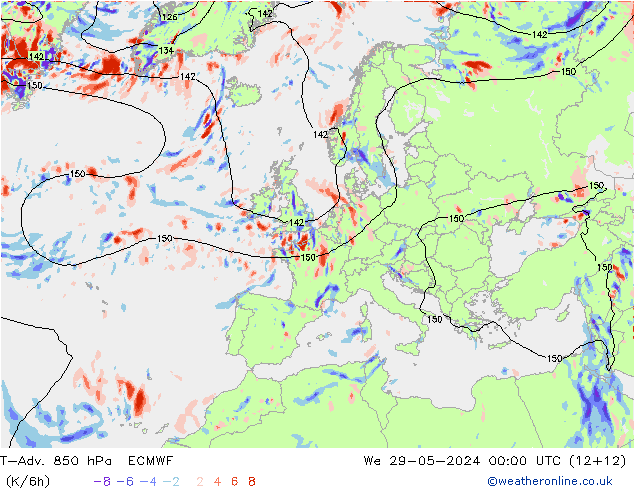 T-Adv. 850 hPa ECMWF mer 29.05.2024 00 UTC