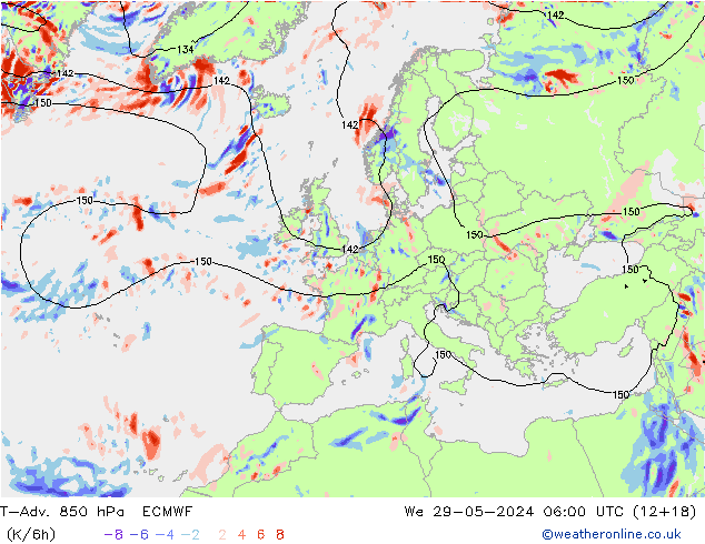 T-Adv. 850 hPa ECMWF śro. 29.05.2024 06 UTC