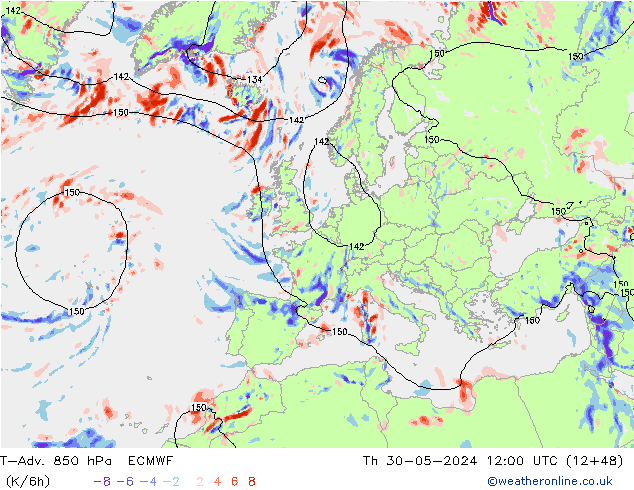 T-Adv. 850 hPa ECMWF Th 30.05.2024 12 UTC