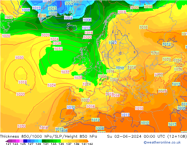 Thck 850-1000 hPa ECMWF Su 02.06.2024 00 UTC