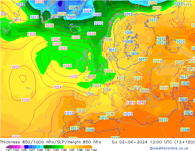 Thck 850-1000 hPa ECMWF dim 02.06.2024 12 UTC