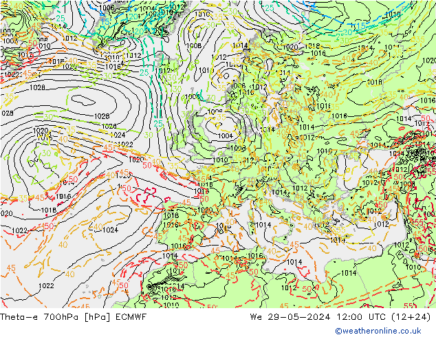 Theta-e 700hPa ECMWF śro. 29.05.2024 12 UTC