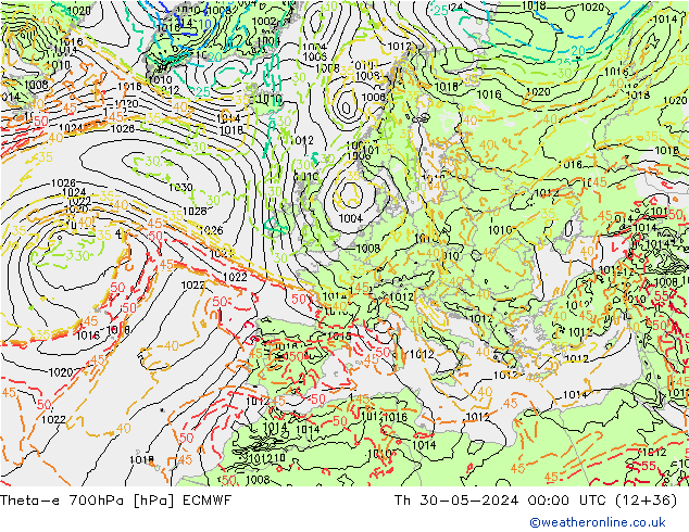 Theta-e 700hPa ECMWF czw. 30.05.2024 00 UTC