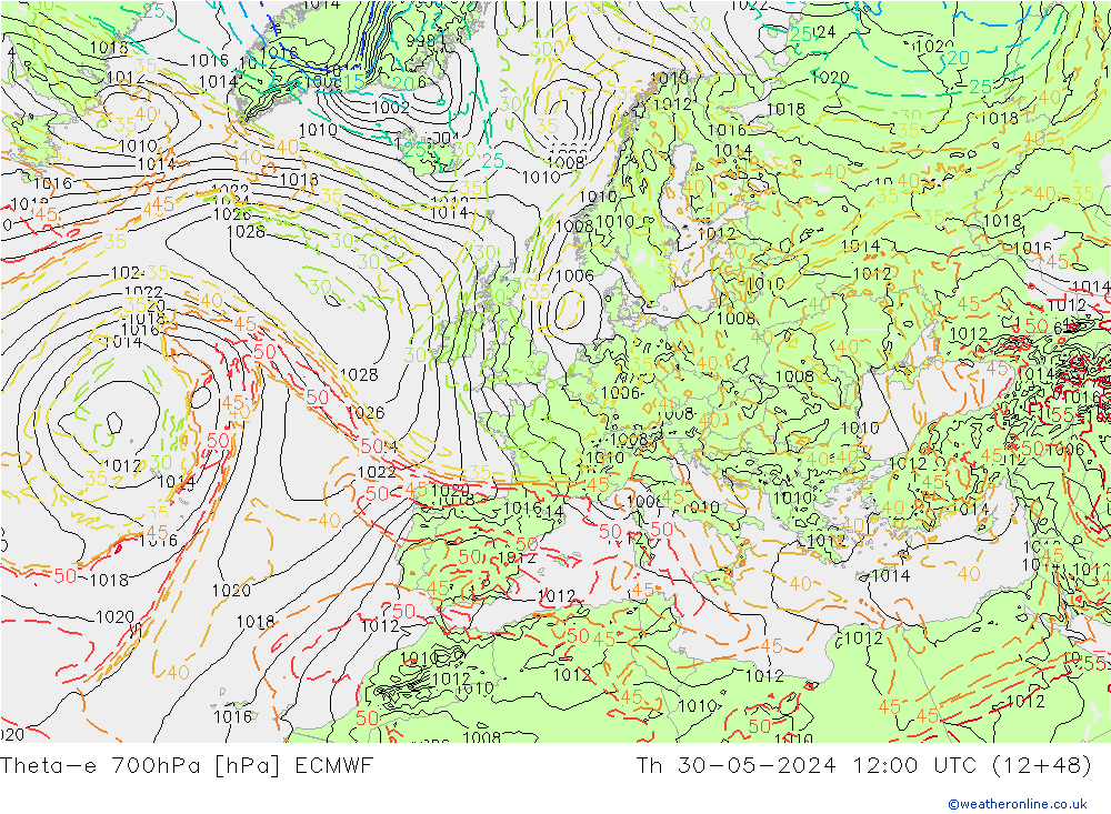 Theta-e 700hPa ECMWF Th 30.05.2024 12 UTC