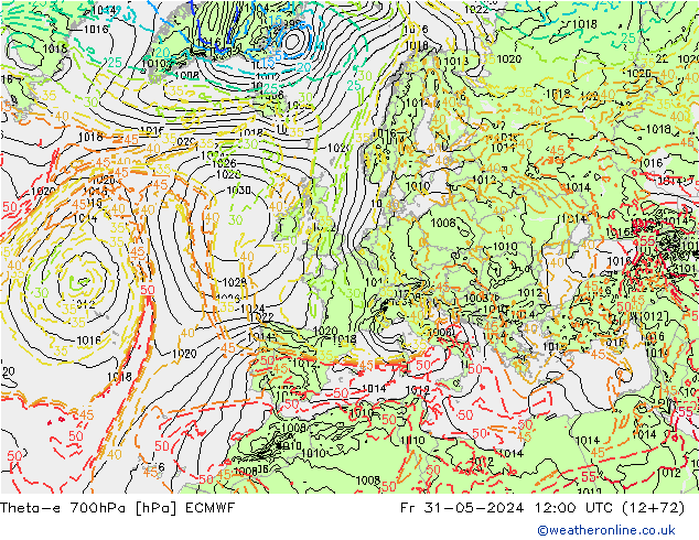 Theta-e 700hPa ECMWF Fr 31.05.2024 12 UTC