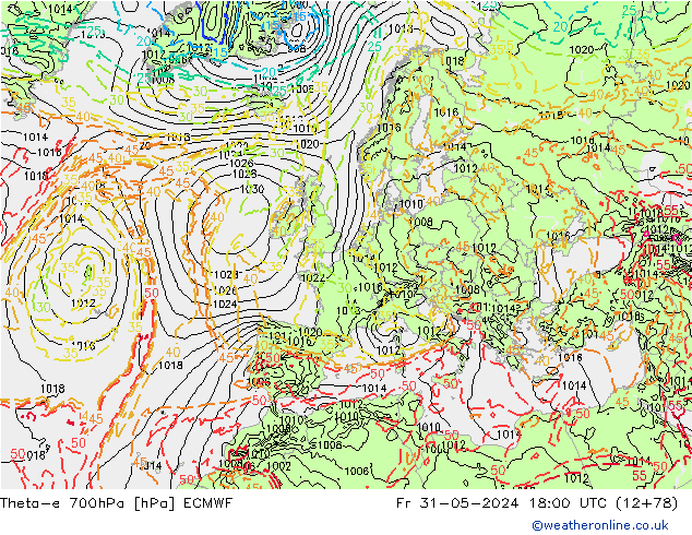 Theta-e 700hPa ECMWF Fr 31.05.2024 18 UTC