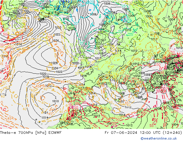 Theta-e 700hPa ECMWF Fr 07.06.2024 12 UTC