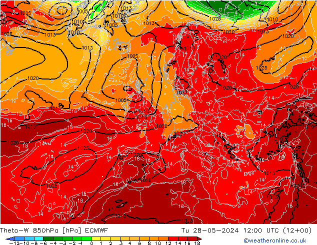 Theta-W 850гПа ECMWF вт 28.05.2024 12 UTC