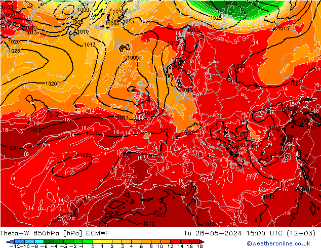 Theta-W 850гПа ECMWF вт 28.05.2024 15 UTC