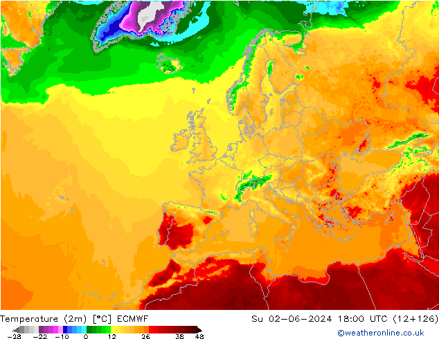 Temperature (2m) ECMWF Su 02.06.2024 18 UTC