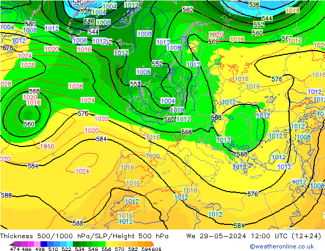 Espesor 500-1000 hPa ECMWF mié 29.05.2024 12 UTC