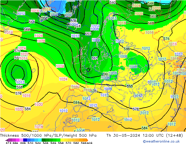 Dikte 500-1000hPa ECMWF do 30.05.2024 12 UTC