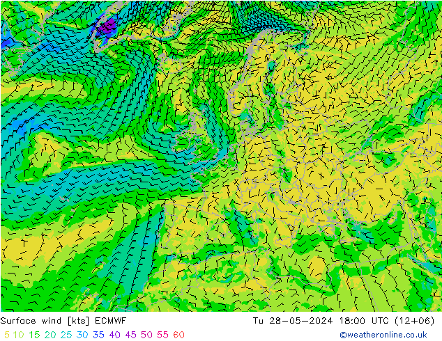 Surface wind ECMWF Tu 28.05.2024 18 UTC