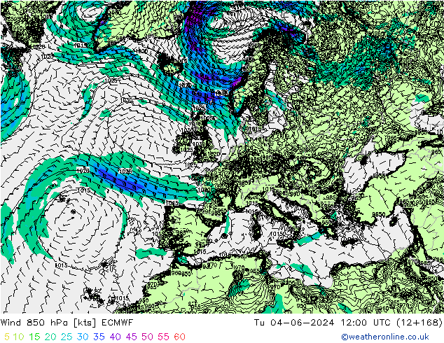 Wind 850 hPa ECMWF Tu 04.06.2024 12 UTC