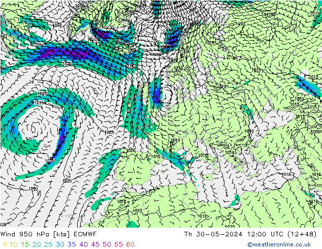 Wind 950 hPa ECMWF Do 30.05.2024 12 UTC