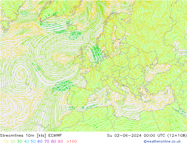 Streamlines 10m ECMWF Su 02.06.2024 00 UTC