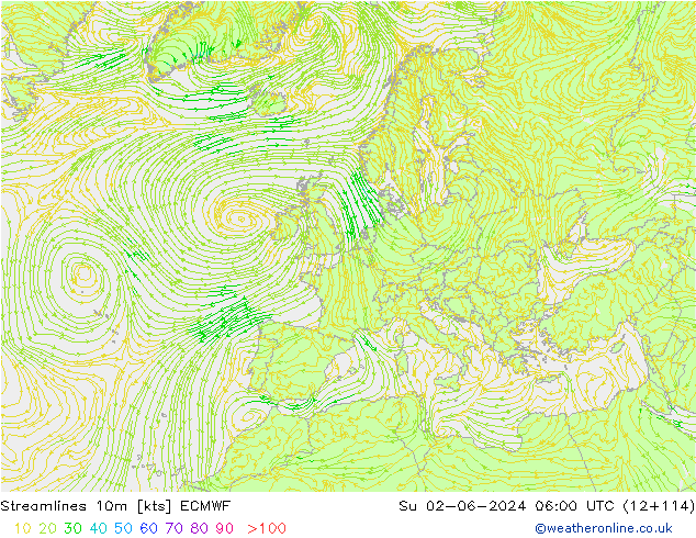 Stroomlijn 10m ECMWF zo 02.06.2024 06 UTC