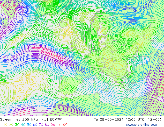 Streamlines 200 hPa ECMWF Tu 28.05.2024 12 UTC