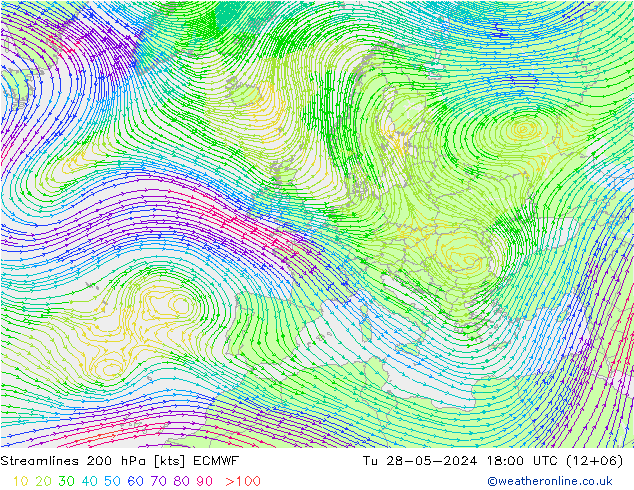 ветер 200 гПа ECMWF вт 28.05.2024 18 UTC