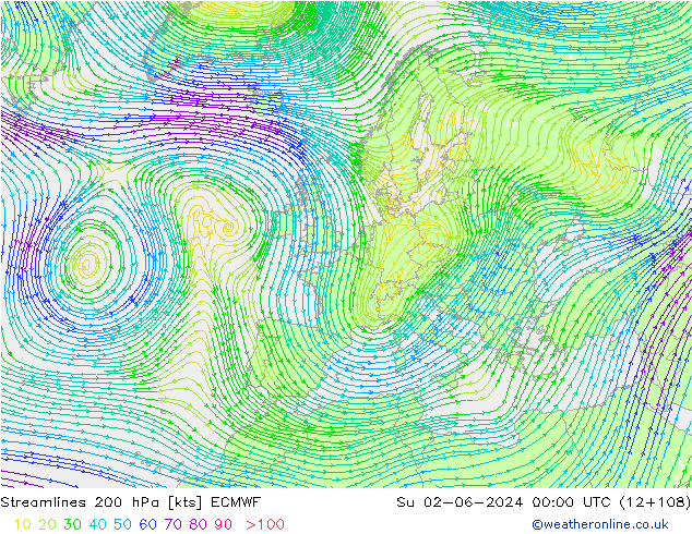 ветер 200 гПа ECMWF Вс 02.06.2024 00 UTC