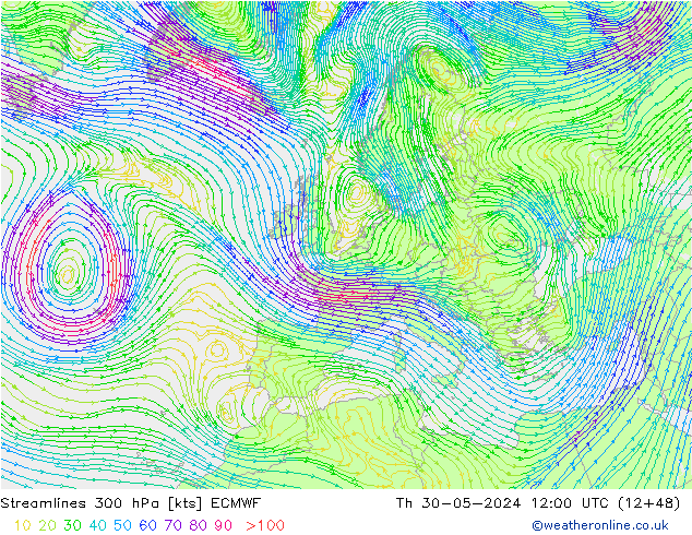 Ligne de courant 300 hPa ECMWF jeu 30.05.2024 12 UTC