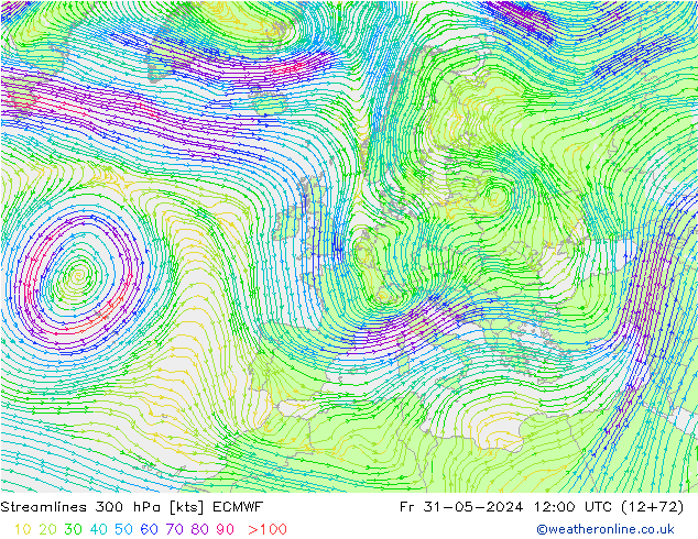 Linia prądu 300 hPa ECMWF pt. 31.05.2024 12 UTC