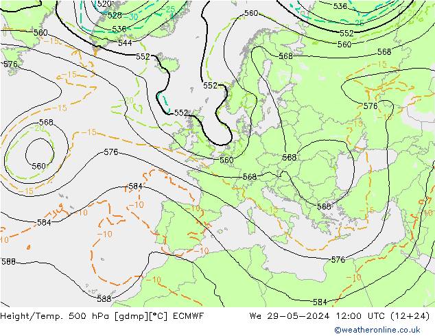 Z500/Rain (+SLP)/Z850 ECMWF We 29.05.2024 12 UTC