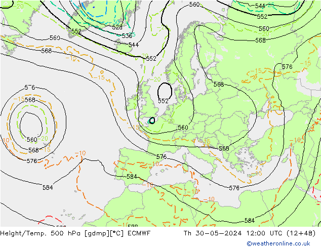 Z500/Rain (+SLP)/Z850 ECMWF Th 30.05.2024 12 UTC