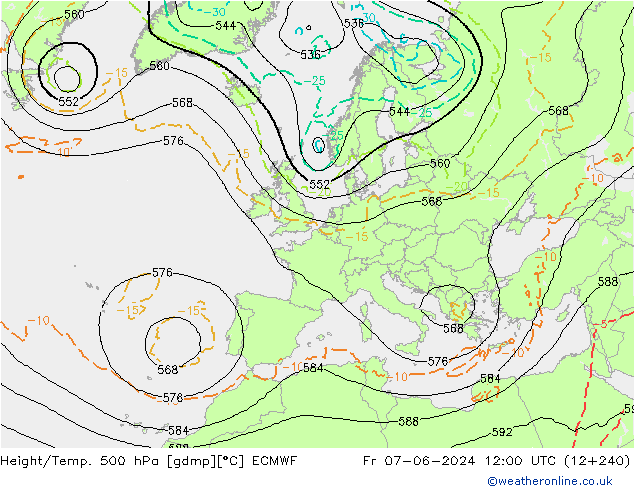 Height/Temp. 500 hPa ECMWF Sex 07.06.2024 12 UTC