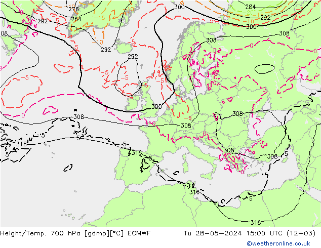 Height/Temp. 700 hPa ECMWF Di 28.05.2024 15 UTC