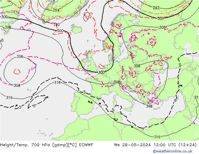 Yükseklik/Sıc. 700 hPa ECMWF Çar 29.05.2024 12 UTC