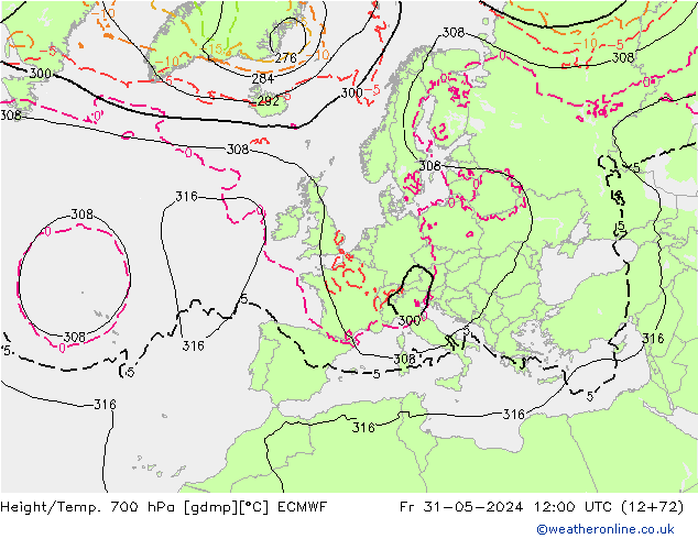 Height/Temp. 700 hPa ECMWF Fr 31.05.2024 12 UTC