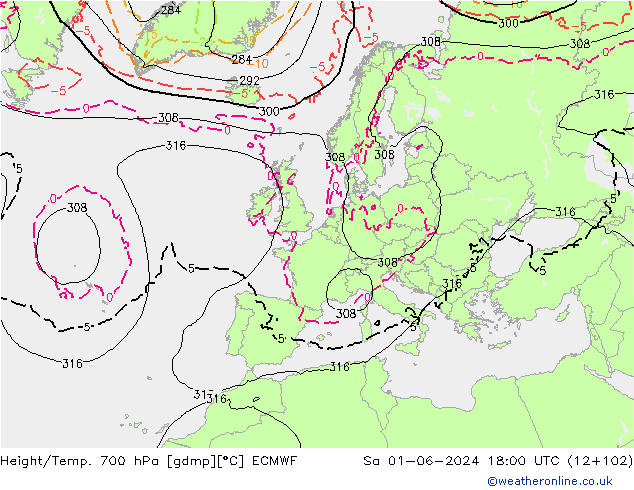 Height/Temp. 700 hPa ECMWF Sa 01.06.2024 18 UTC