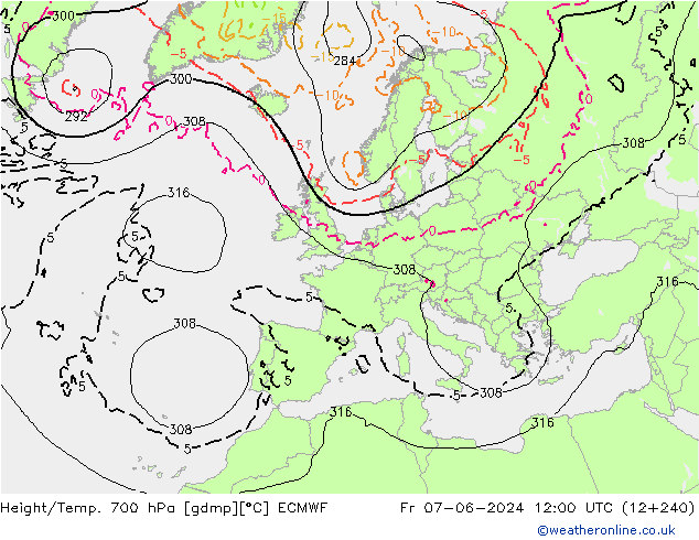 Geop./Temp. 700 hPa ECMWF vie 07.06.2024 12 UTC