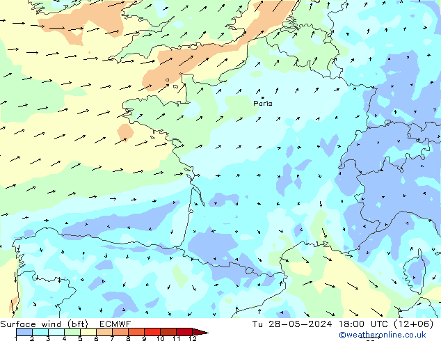 Surface wind (bft) ECMWF Tu 28.05.2024 18 UTC