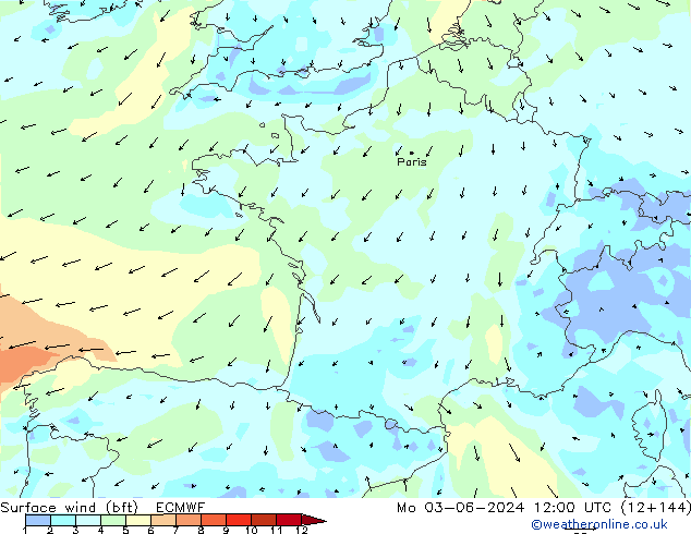 Rüzgar 10 m (bft) ECMWF Pzt 03.06.2024 12 UTC