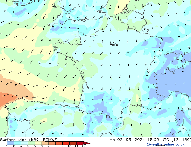 Surface wind (bft) ECMWF Mo 03.06.2024 18 UTC