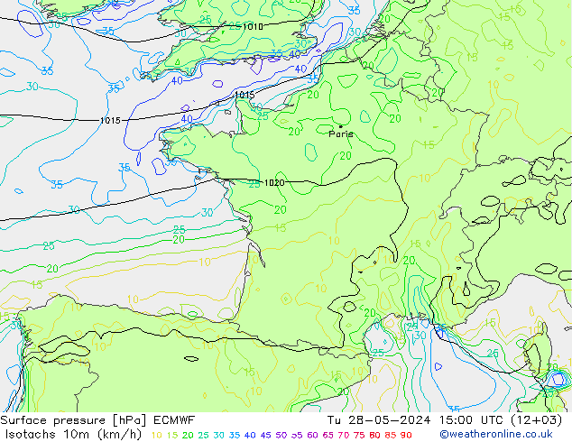 Isotachen (km/h) ECMWF di 28.05.2024 15 UTC