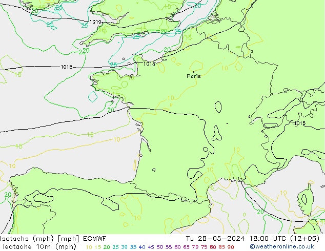Isotachen (mph) ECMWF Di 28.05.2024 18 UTC