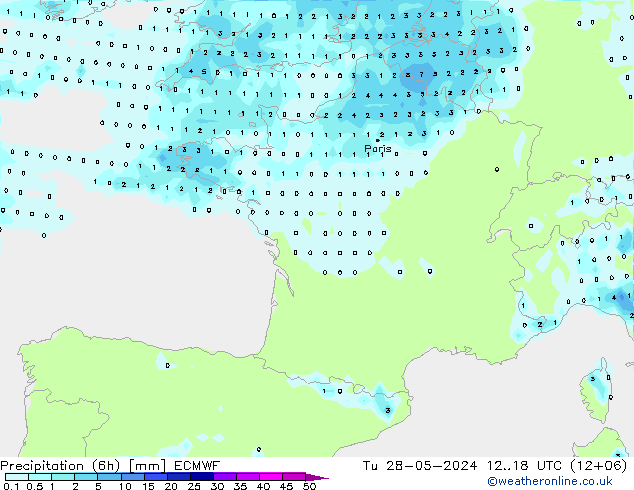 Precipitazione (6h) ECMWF mar 28.05.2024 18 UTC