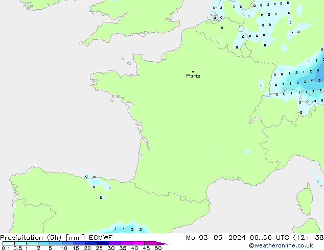 Precipitation (6h) ECMWF Mo 03.06.2024 06 UTC