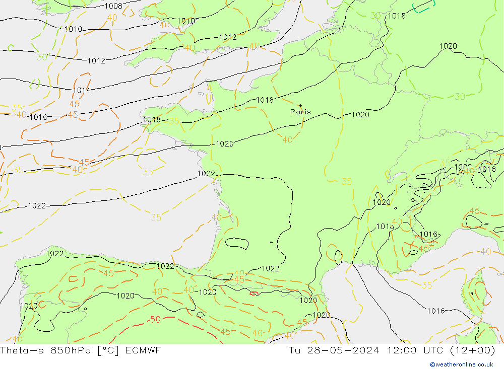 Theta-e 850hPa ECMWF Tu 28.05.2024 12 UTC