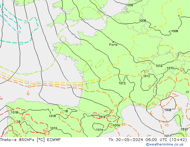 Theta-e 850hPa ECMWF jeu 30.05.2024 06 UTC