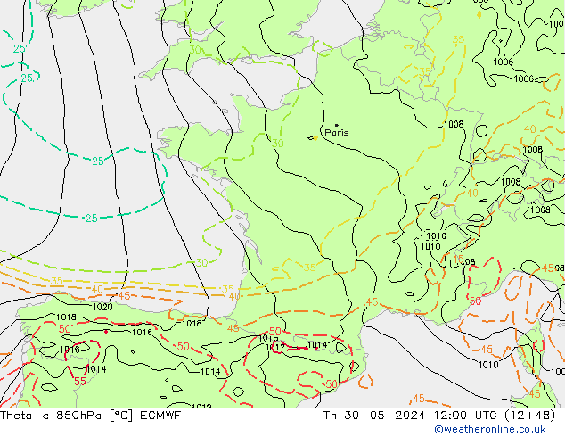 Theta-e 850hPa ECMWF Do 30.05.2024 12 UTC