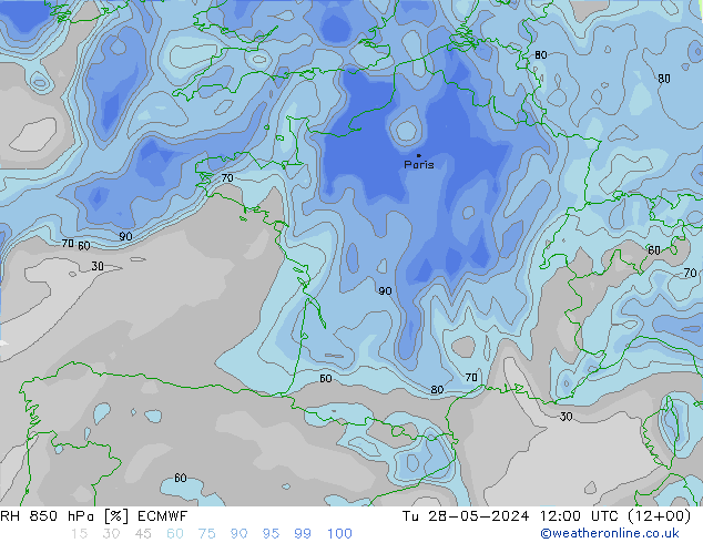 RH 850 hPa ECMWF Ter 28.05.2024 12 UTC