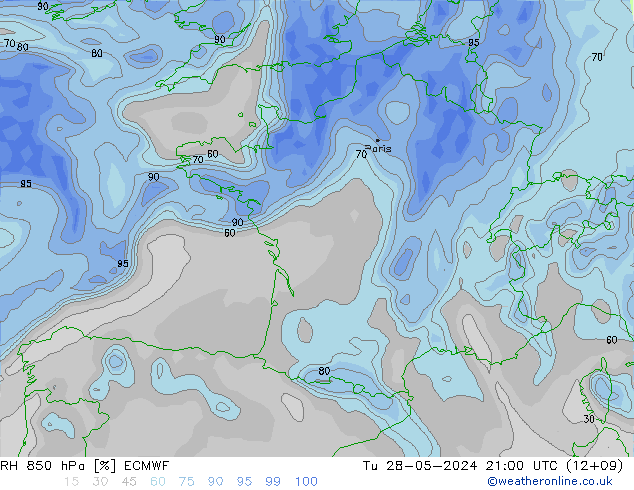 RH 850 hPa ECMWF Tu 28.05.2024 21 UTC